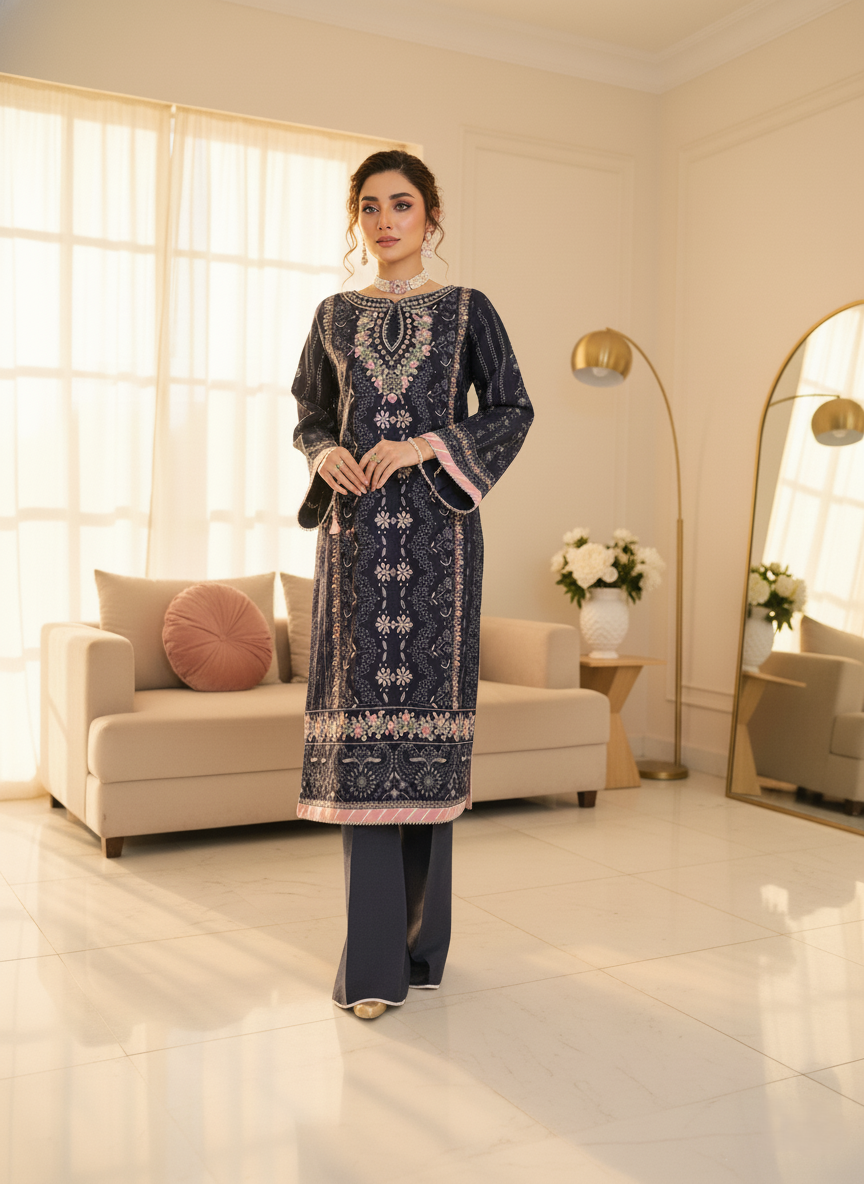 Woman in a dark blue embroidered outfit standing in a modern living room wearing DHANAK by DRESSLINE