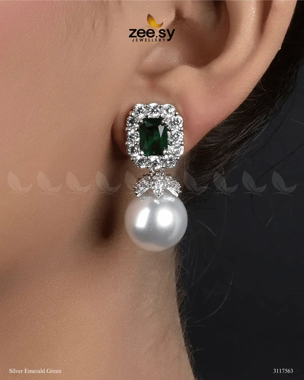 Girik Pearl Earrings Silver Emerald Green - Zeesy Jewellery