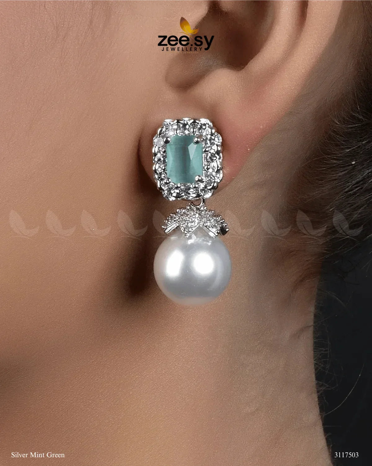 Girik Pearl Earrings Silver Mint Green - Zeesy Jewellery