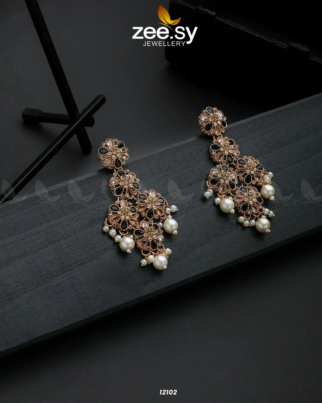 Golden Orchid Elegance Earrings Black - Zeesy Jewellery