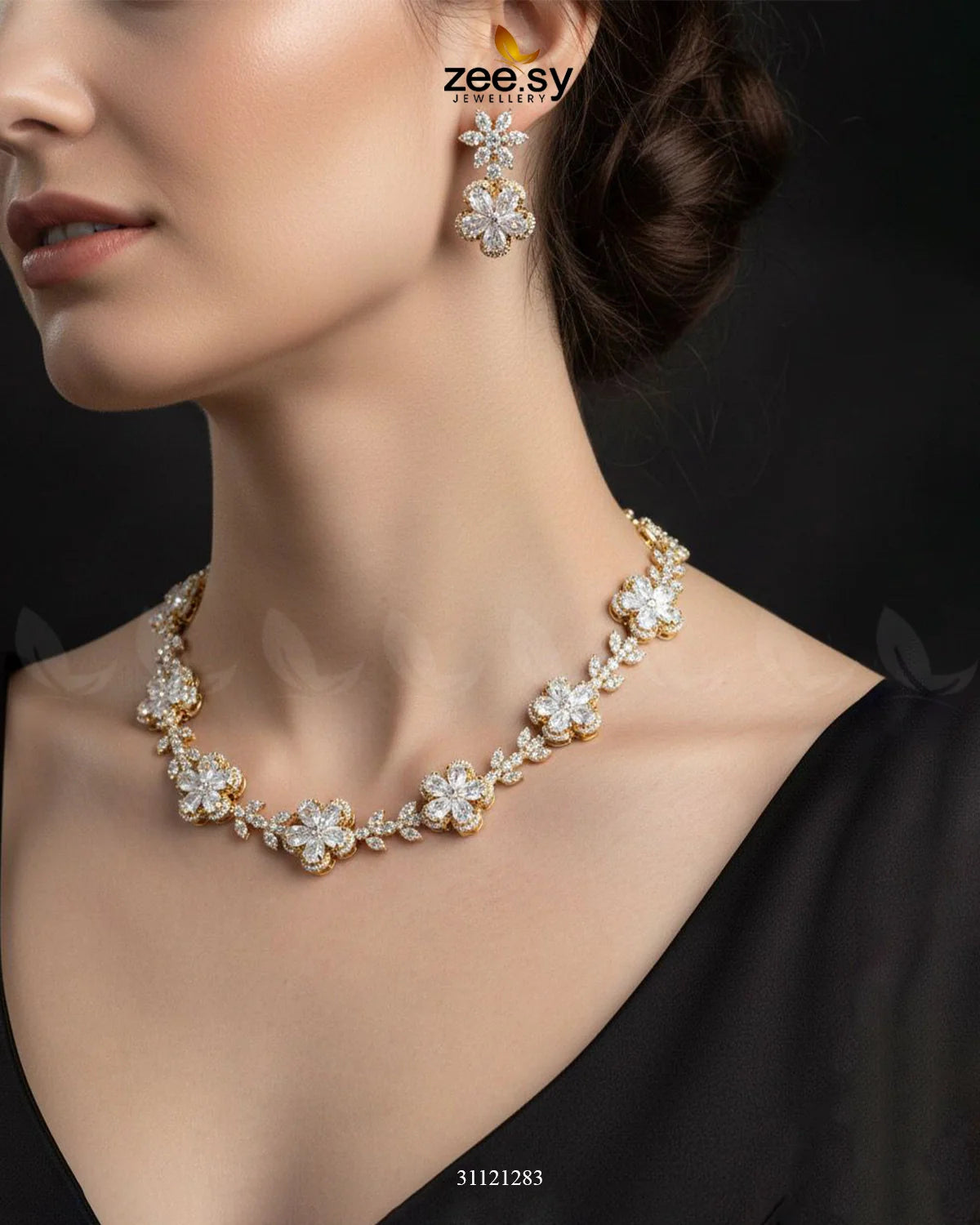 Floral Cubic Stone Necklace Set - Zeesy Jewellery