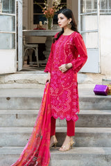 Dhaga Stitched 3 Piece Embroidered Summer Suit-Carmine