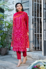 Dhaga Stitched 3 Piece Embroidered Summer Suit-Carmine
