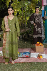 Dhaga Stitched 3 Piece Embroidered Summer Suit-Olivkovyy