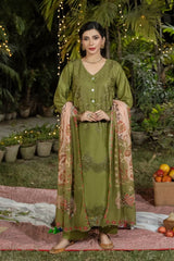 Dhaga Stitched 3 Piece Embroidered Summer Suit-Olivkovyy