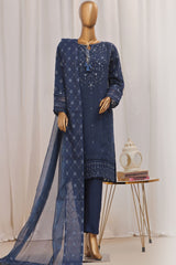 Sheer By HZ Stitched 3 Piece Formals Khaddi Net Suit-HZK-192-Navy Blue