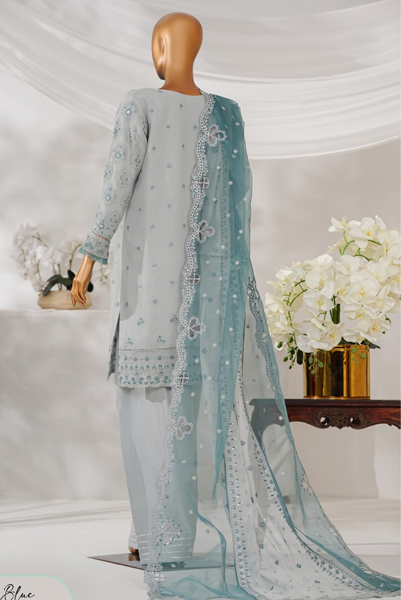 Sheer By HZ Stitched 3 Piece Emb Khaddi Net Formals Collection'2025-HZK-225-Sky Blue