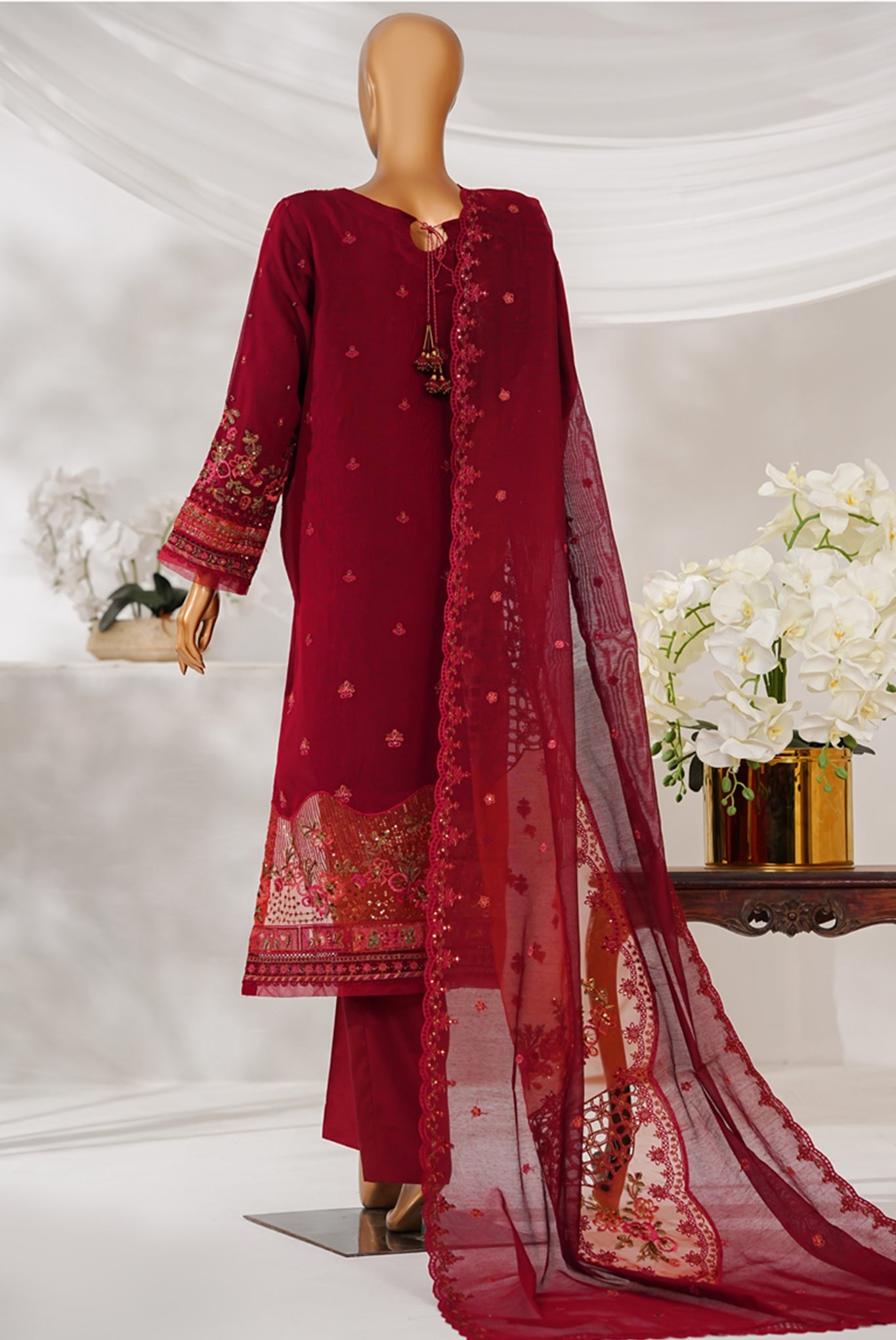 Sheer By HZ Stitched 3 Piece Emb Khaddi Net Formals Collection'2025-HZK-227-Maroon