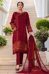 Sheer By HZ Stitched 3 Piece Emb Khaddi Net Formals Suit-HZK-227-Maroon