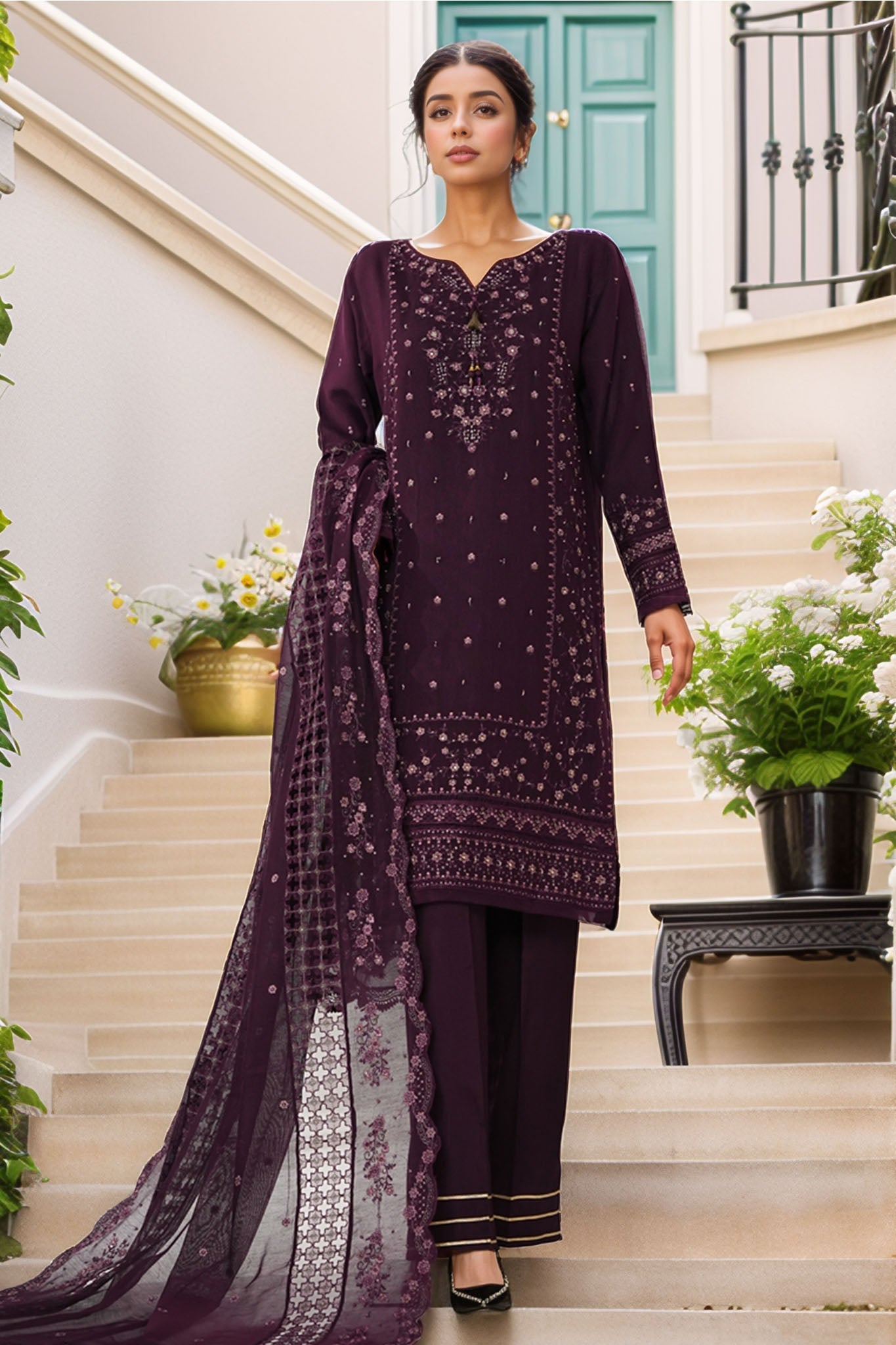 Sheer By HZ Stitched 3 Piece Emb Khaddi Net Formals Collection'2025-HZK-224-Falsa