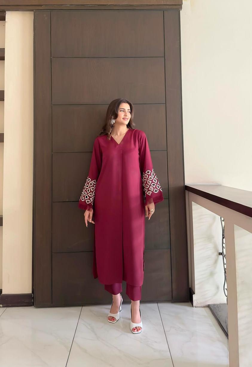 Manahils Stitched Burgundy Maroon Embroidered  Tunic