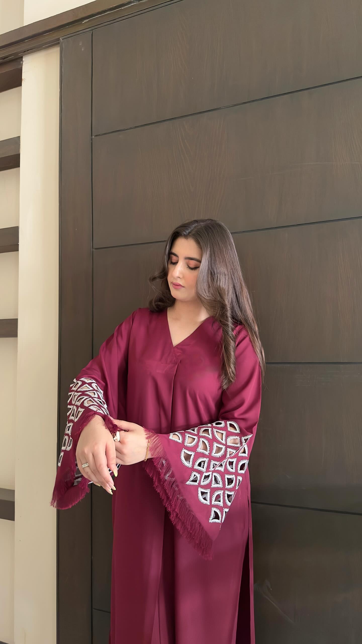Manahils Stitched Burgundy Maroon Embroidered  Tunic