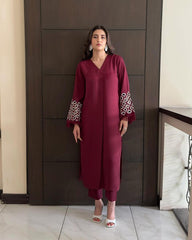 Manahils Stitched Burgundy Maroon Embroidered  Tunic