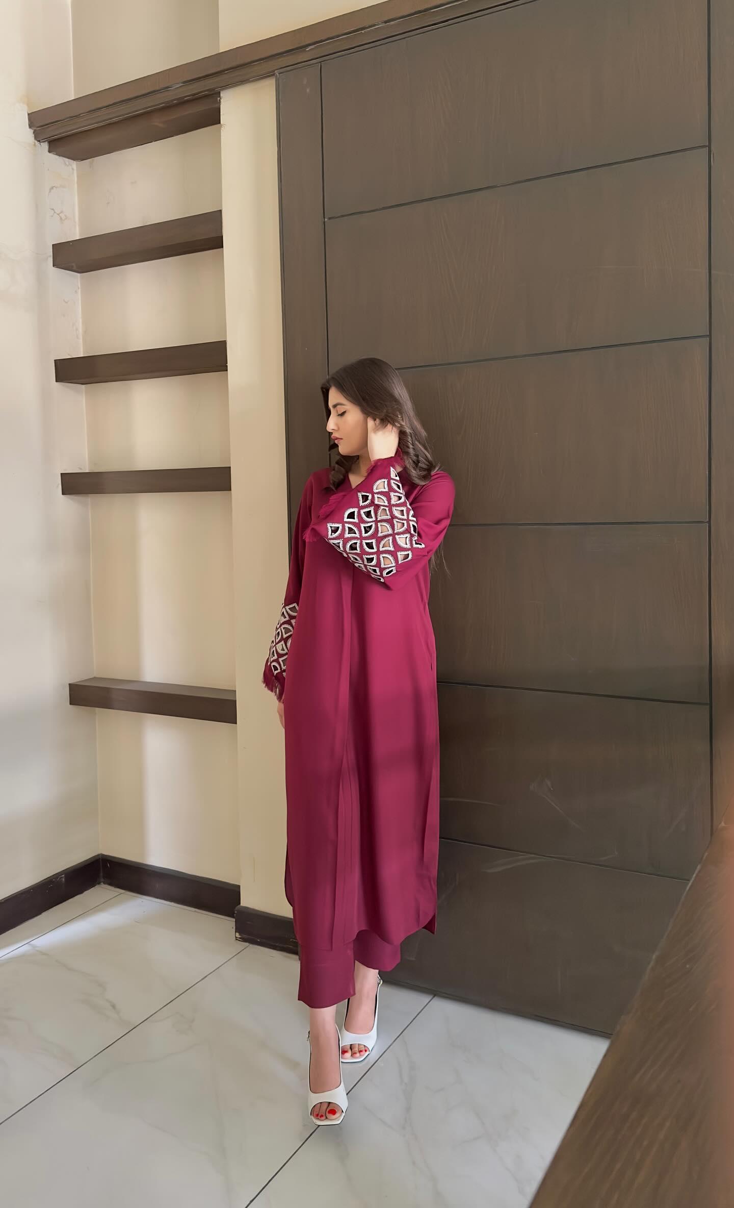Manahils Stitched Burgundy Maroon Embroidered  Tunic