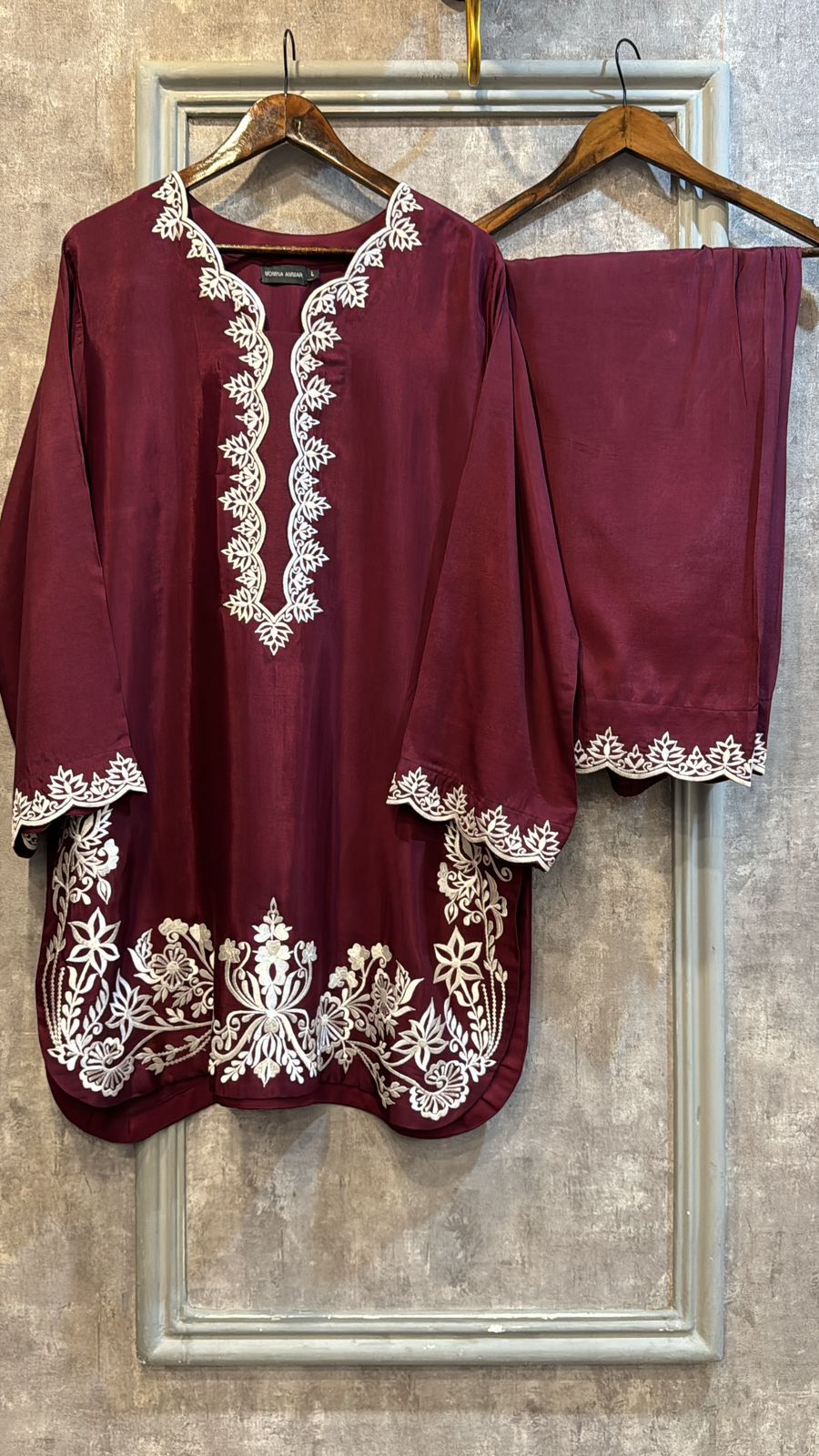 Manahils Stitched Burgundy Embroidery Farshi Shalwar Set