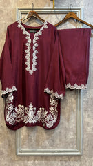 Manahils Stitched Burgundy Embroidery Farshi Shalwar Set