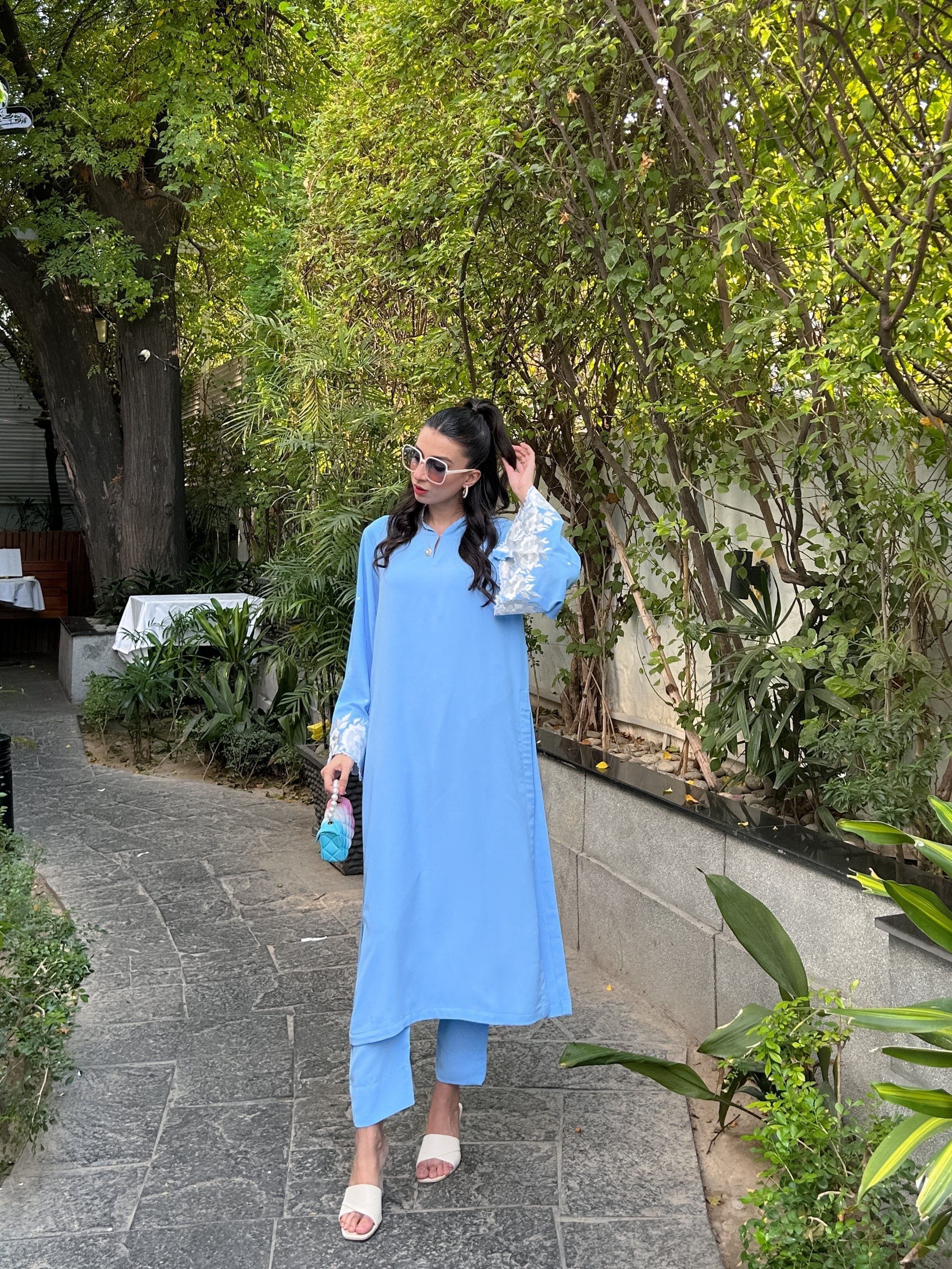 Manahils Stitched Ice Blue Embroidered Sleeves