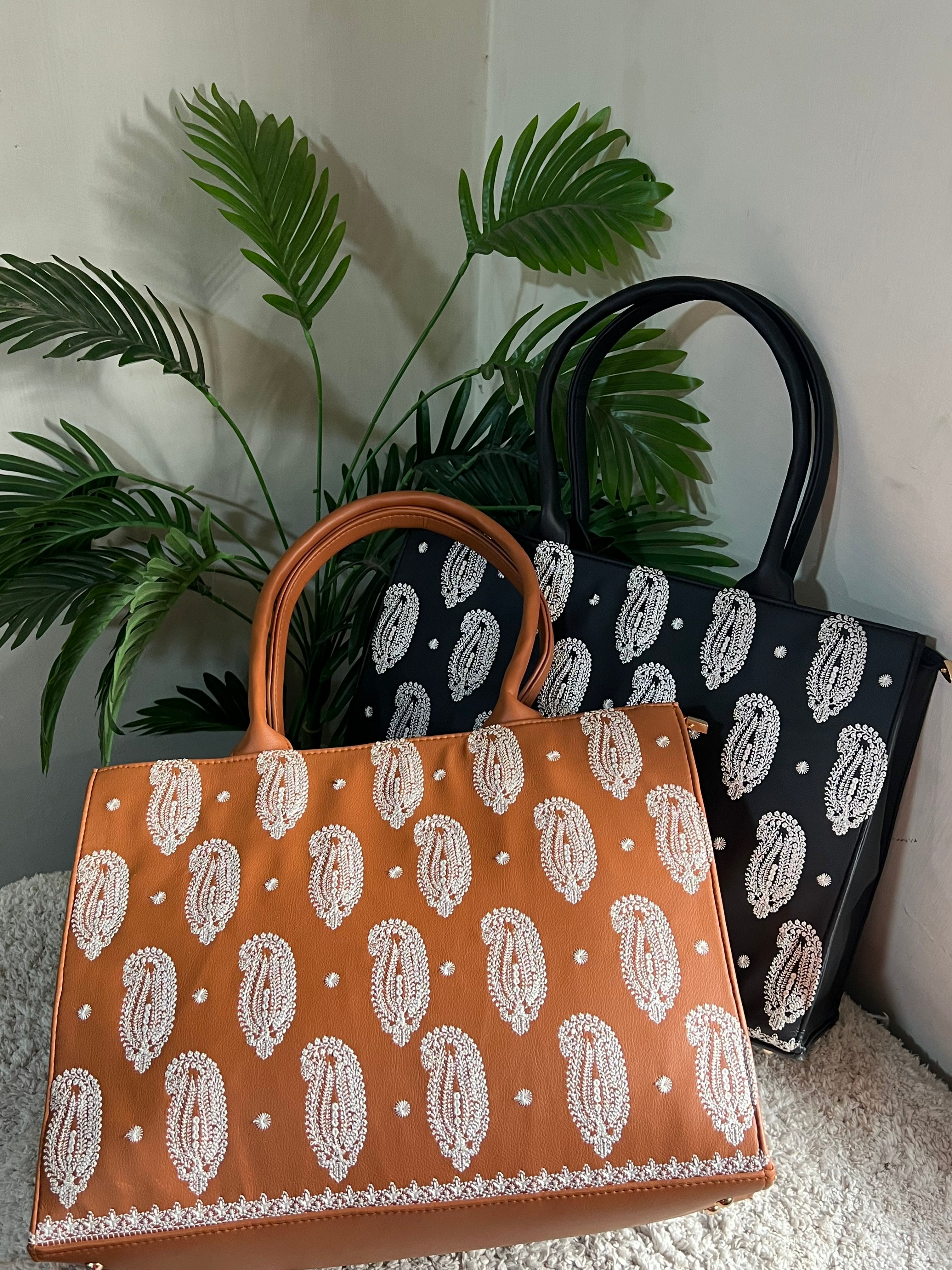 Real look Fineur embroidered tote bag black PU leather paisley design