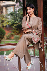 Urban Cut Brown Embroidered Cotton Co-Ord Set