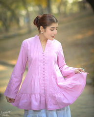 Urban Cut Solid Cotton Pleated Kurti with Fabric Buttons