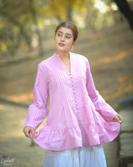 Urban Cut Solid Cotton Pleated Kurti with Fabric Buttons
