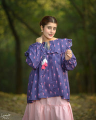 Urban Cut Printed Cotton Ruffle Peplum Top with Tassel Detail