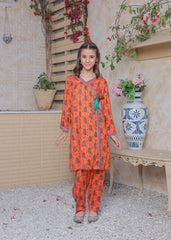 Khanak Stitched Kids-Fire Orange Angrakha Style 2pcs Suit-KST 057