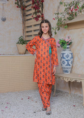Khanak Stitched Kids-Fire Orange Angrakha Style 2pcs Suit-KST 057