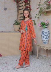 Khanak Stitched Kids-Fire Orange Angrakha Style 2pcs Suit-KST 057