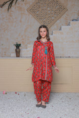 Khanak Stitched Kids-Fire Red Angrakha Style 2pcs Suit-KST 058