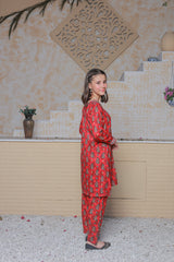 Khanak Stitched Kids-Fire Red Angrakha Style 2pcs Suit-KST 058