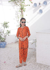 Khanak Stitched Kids-Flame Orange 2pcs Printed Style Suit-KST 049