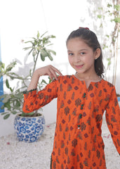Khanak Stitched Kids-Flame Orange 2pcs Printed Style Suit-KST 049