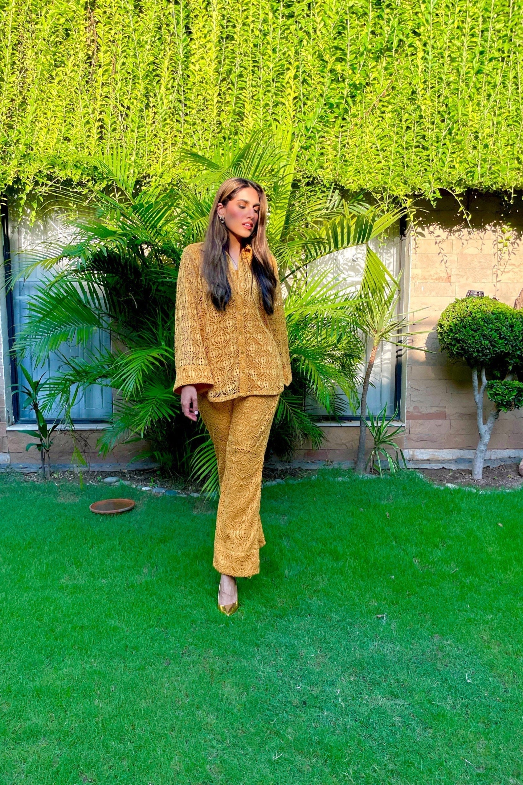 Mustard Crochet Co-Ord set Momina Ammar
