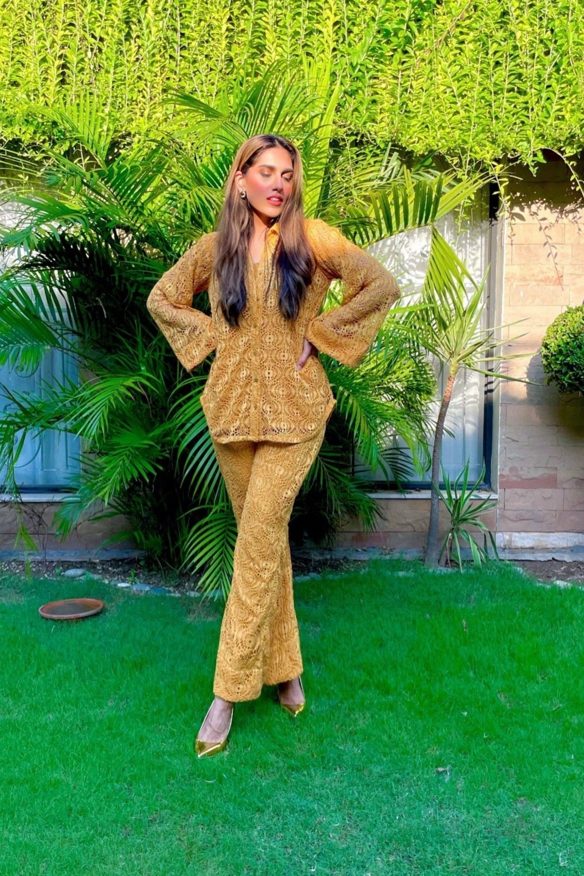 Mustard Crochet Co-Ord set Momina Ammar