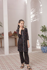 Khanak Stitched Kids-Raven Black 2pcs Printed Frock Suit-KST 046