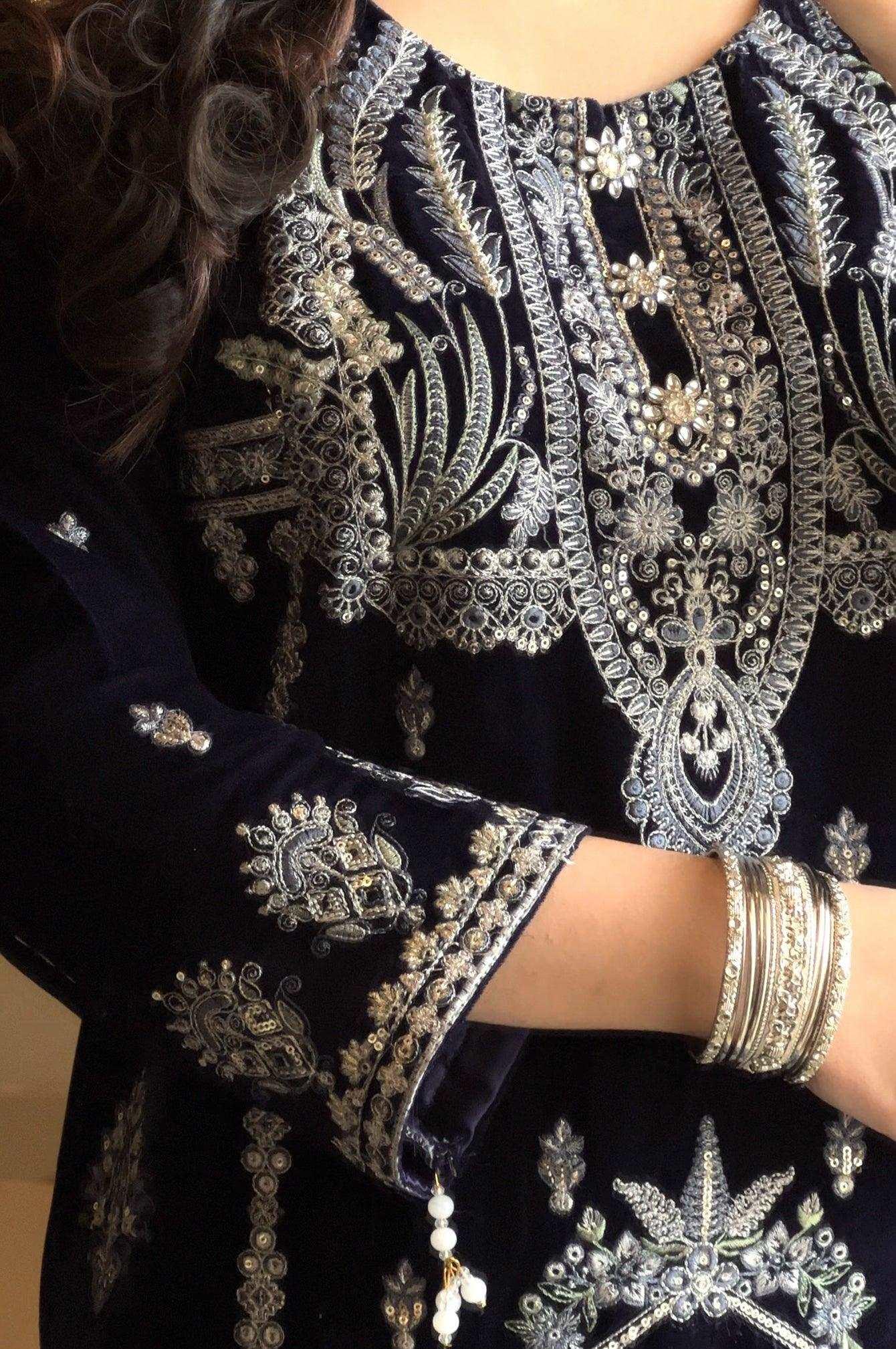 3 PIECE - EMBROIDERED VELVET SUIT 133K - Dressline Fabric