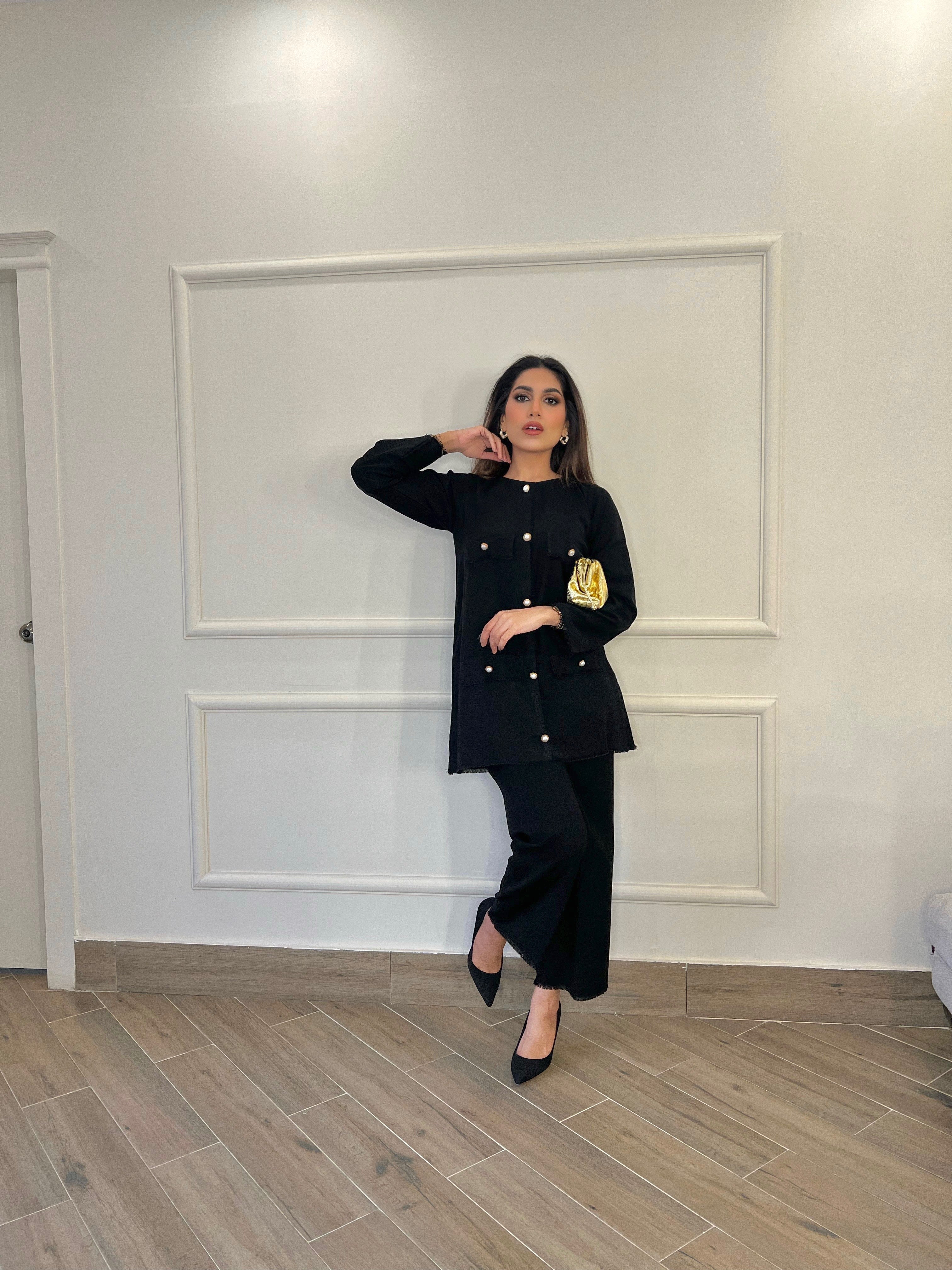 Manahils Stitched Co Ords Black Button Co-Ord Set