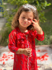 Khanak Stitched Kids-Red 2pcs Printed Suit-KST 043