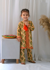 Khanak Stitched Kids-Yellow Cream Front Open Embroidered 2pcs-KST 065