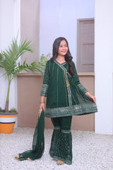 Khanak Stitched Kids-Emerald Green Angrakha Gharara-KG 006
