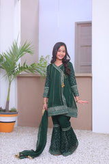 Khanak Stitched Kids-Emerald Green Angrakha Gharara-KG 006