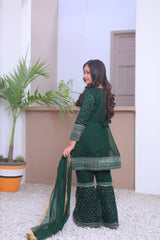 Khanak Stitched Kids-Emerald Green Angrakha Gharara-KG 006