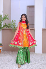 Khanak Kids Orange And Pink Coat Style Gharara - KG 001