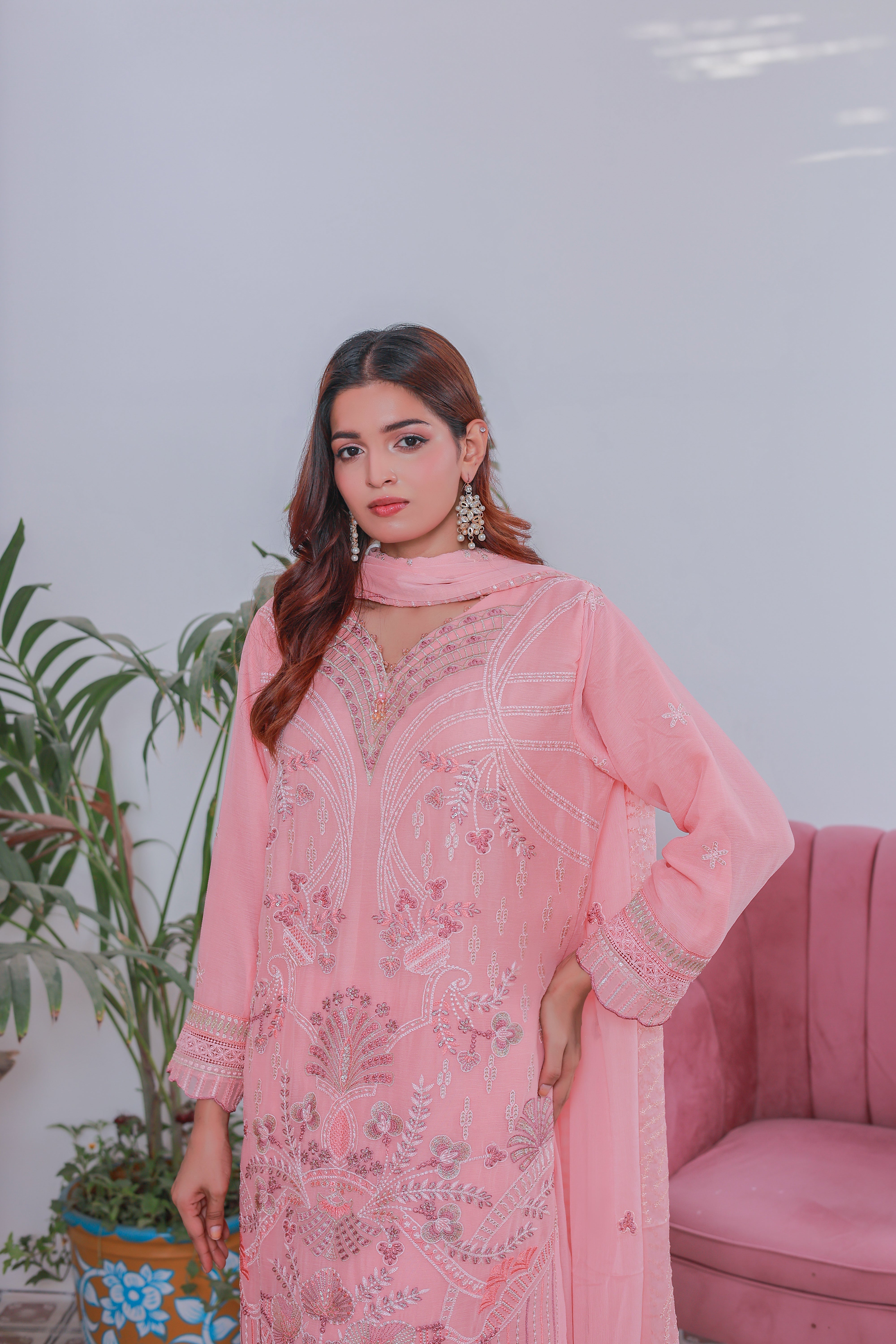 Umer Aayan Mahpara 03-Piece Embroidered Pink Chiffon Suit