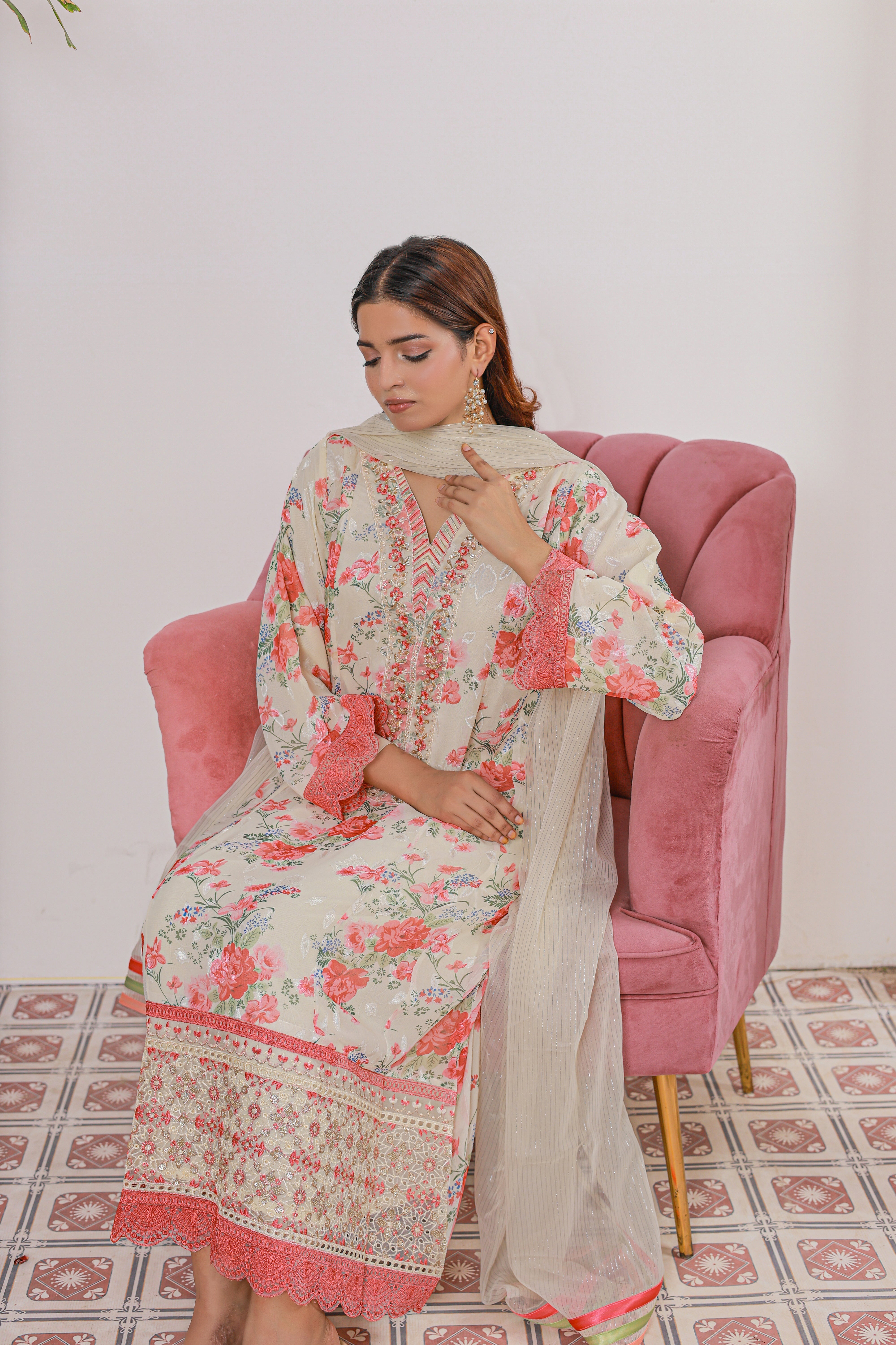 Umer Aayan Florence Printed And Chiffon Embroidered Maxi