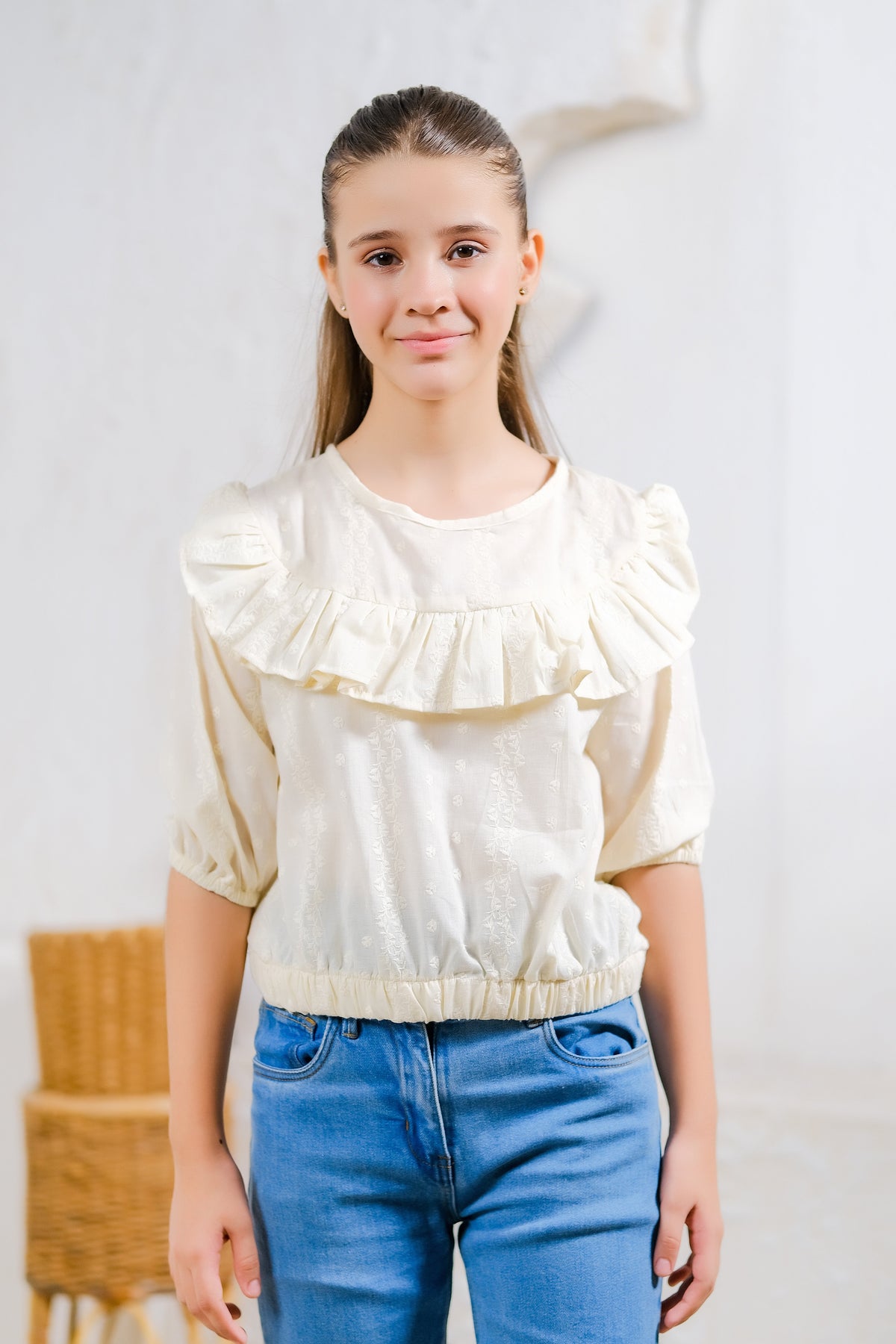 Sprinkles Stitched 1 Piece Summer Shirts Kids Collection'2025-Ivory Ruffle Blouse