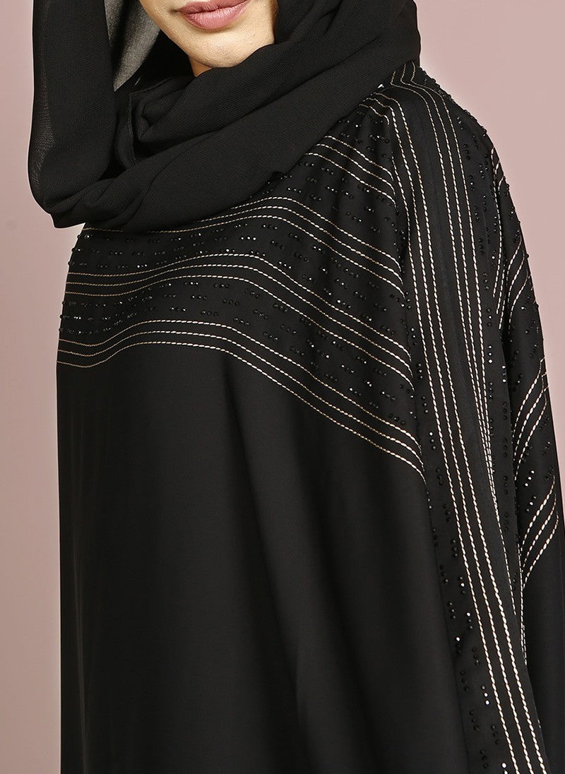 Hijab Ul Hareem Thread Stitched and Stone Worked Designered Abaya Jilbab-C-966