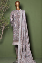 HZ Stitched 3 Piece Emb Printkari Khaddar Suit-KPS-2546-Grey