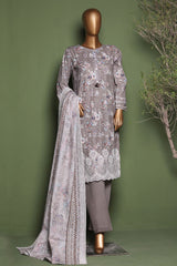 HZ Stitched 3 Piece Emb Printkari Khaddar Suit-KPS-2546-Grey
